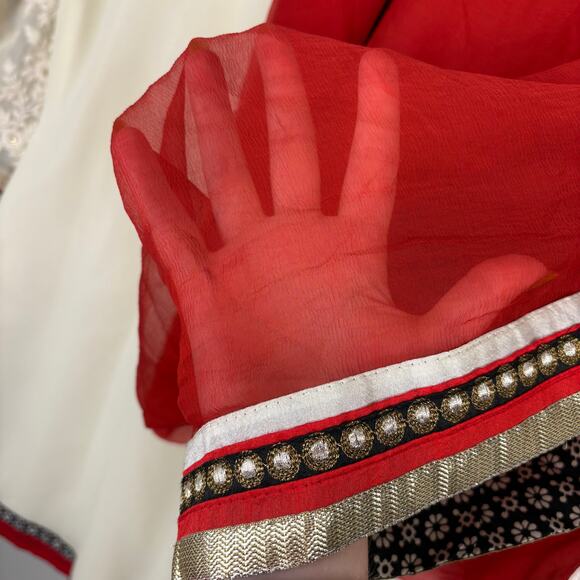 Approx S/M Cream White Red Kurta Set Top Pants & Dupatta Embellished Embroidered - Picture 16 of 16